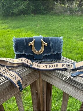 True Religion Frayed Denim Crossbody with Gold Horseshoe Accent